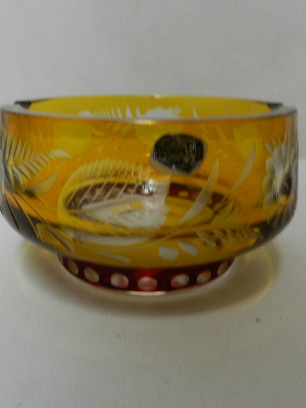 Bohemia Vintage Crystal w/Sticker Amber & Ruby glass small Ashtray Pedestal Bowl